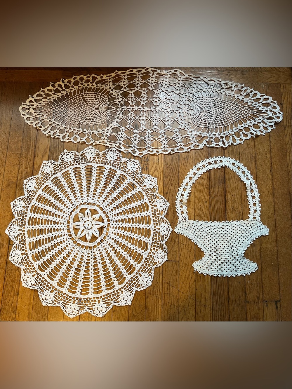 Set of three unique Vintage Handmade White Crochet Doilies Set